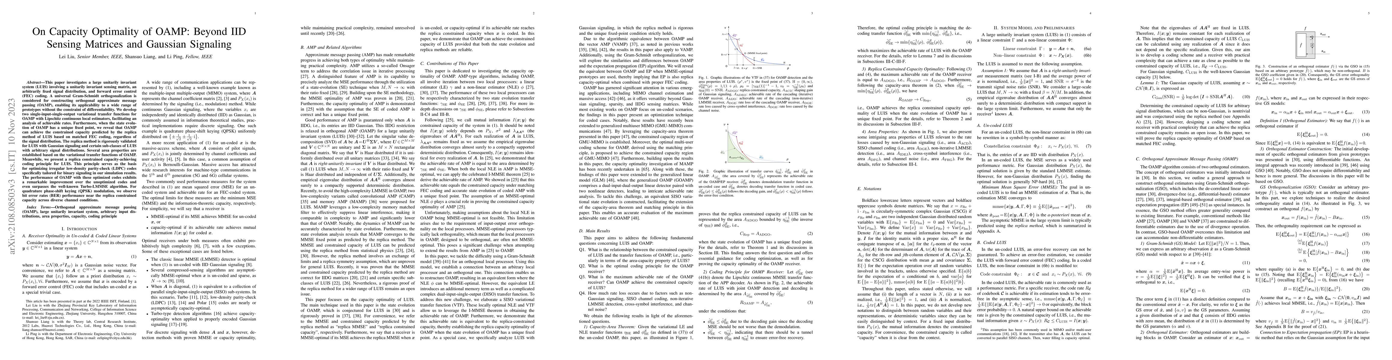 Thumbnail for On Capacity Optimality of OAMP: Beyond IID Sensing Matrices and Gaussian
  Signaling