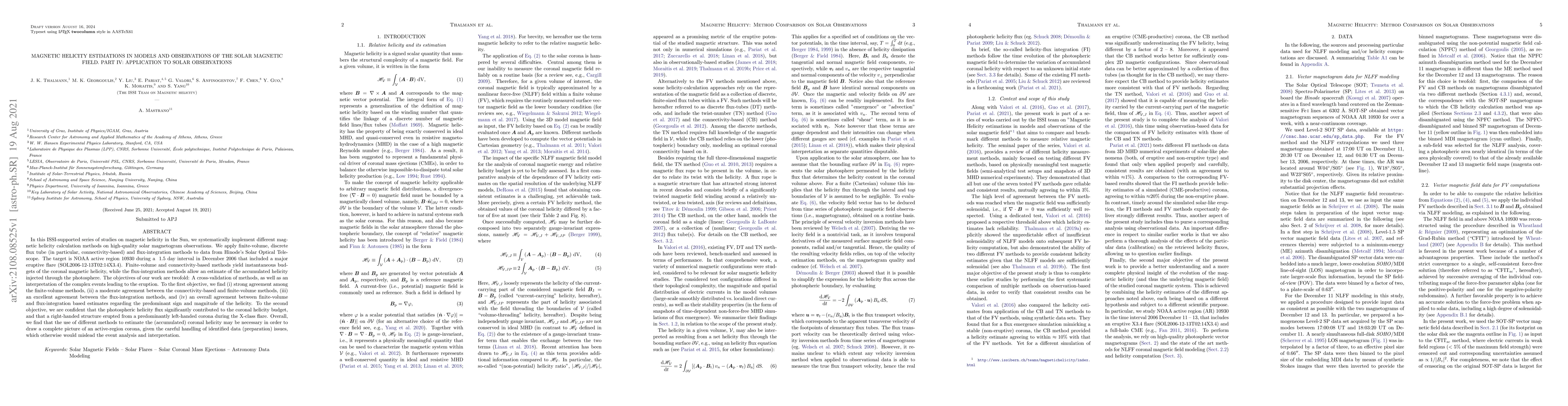 Thumbnail for Magnetic helicity estimations in models and observations of the solar
  magnetic field. Part IV: Application to solar observations