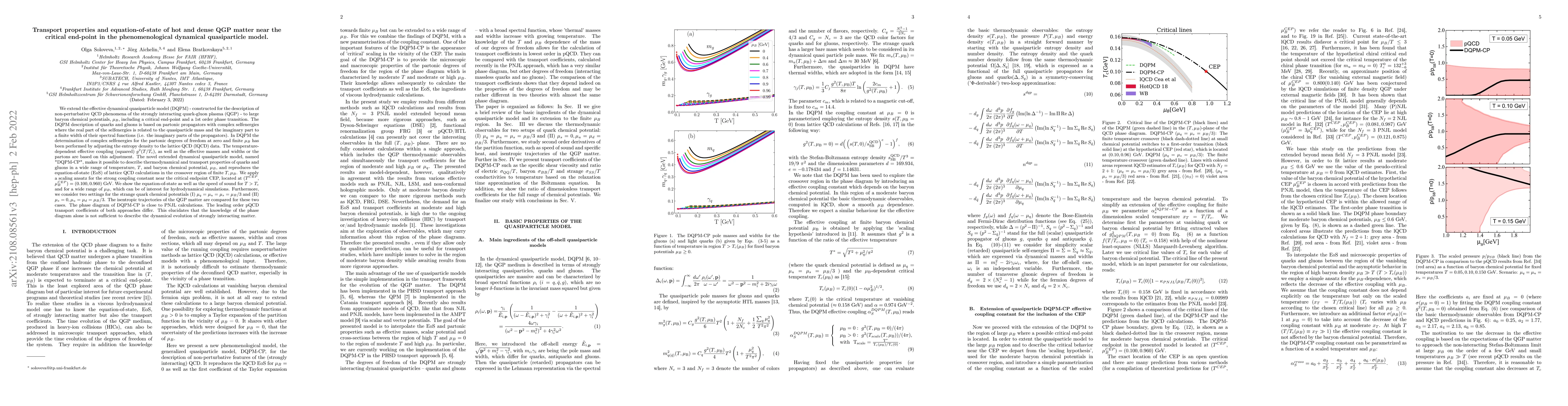 Thumbnail for Transport properties and equation-of-state of hot and dense QGP matter
  near the critical end-point in the phenomenological dynamical quasi-particle
  model