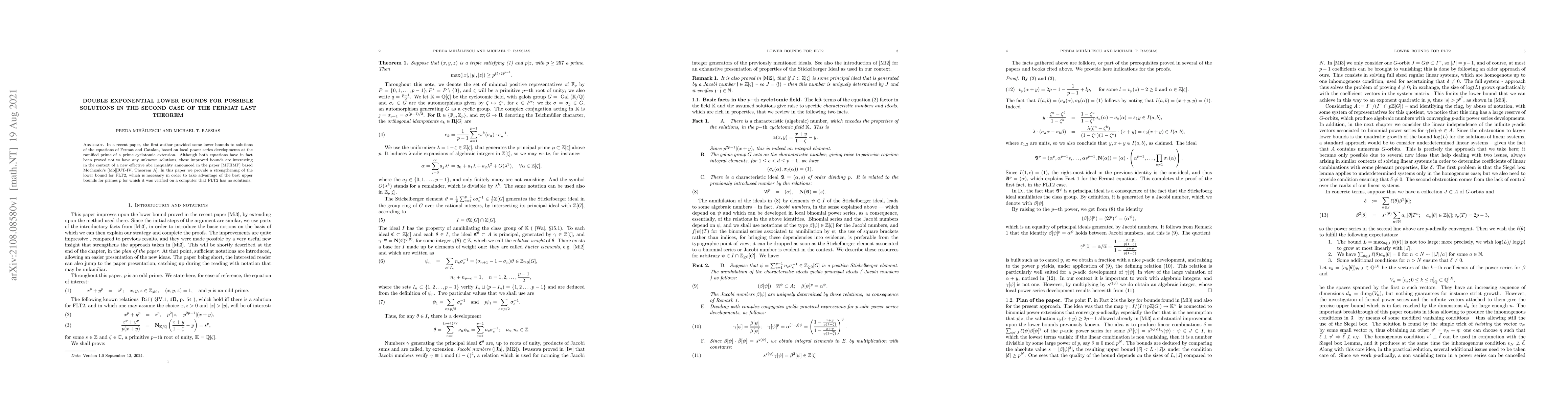 Thumbnail for Double exponential lower bounds for possible solutions in the Second
  Case of the Fermat Last Theorem