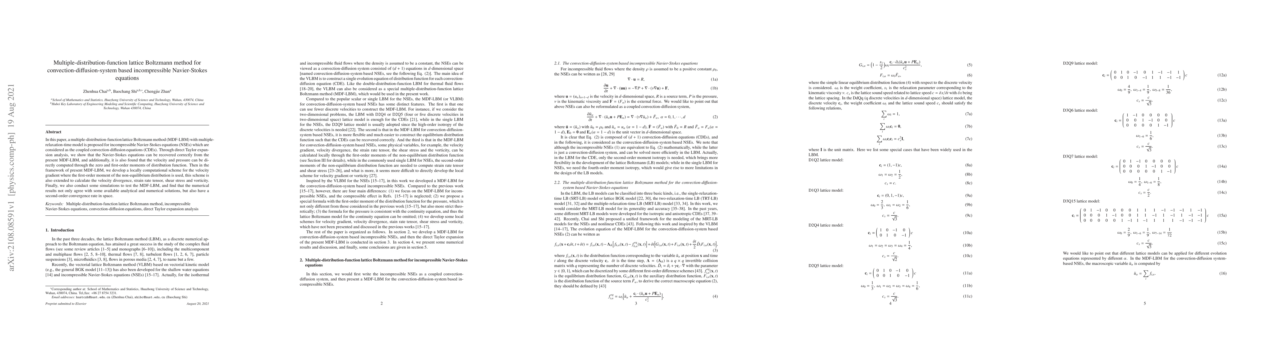 Thumbnail for Multiple-distribution-function lattice Boltzmann method for
  convection-diffusion-system based incompressible Navier-Stokes equations