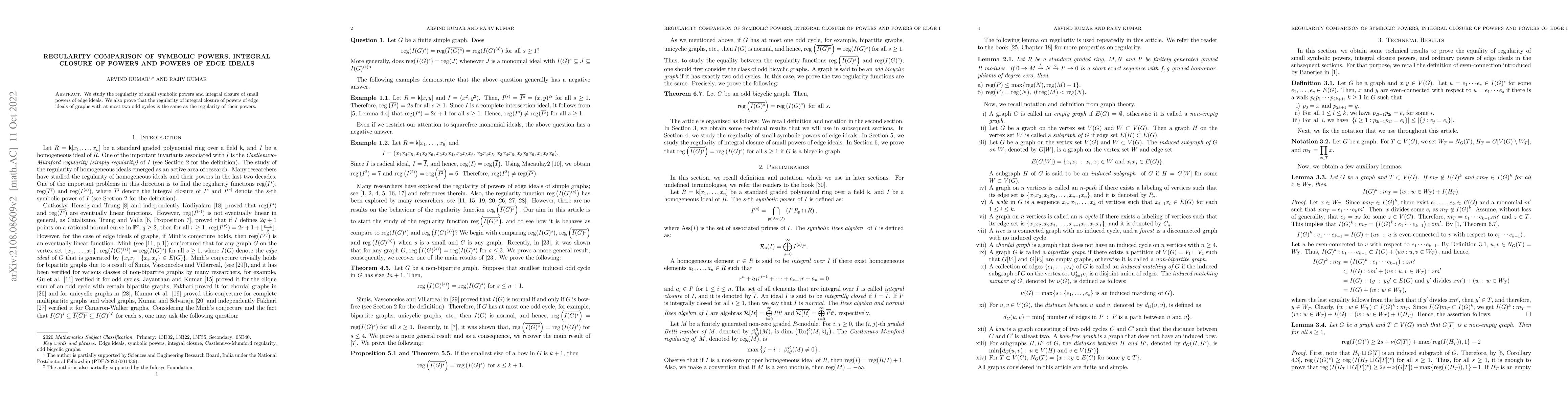 Thumbnail for Regularity comparison of symbolic powers, integral closure of powers and
  powers of edge ideals