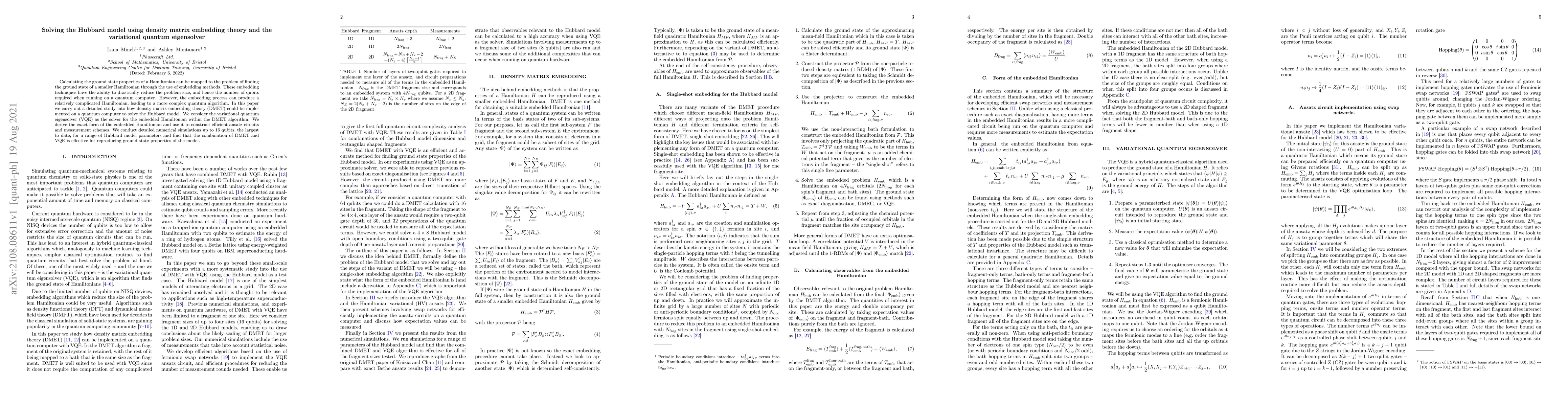 Thumbnail for Solving the Hubbard model using density matrix embedding theory and the
  variational quantum eigensolver