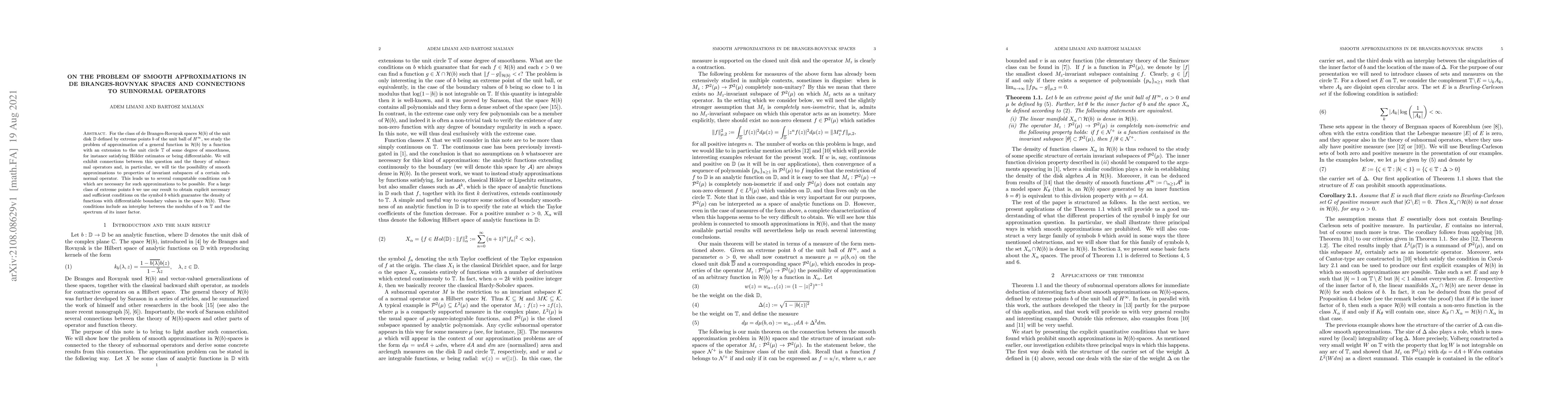 Thumbnail for On the problem of smooth approximations in de Branges-Rovnyak spaces and
  connections to subnormal operators