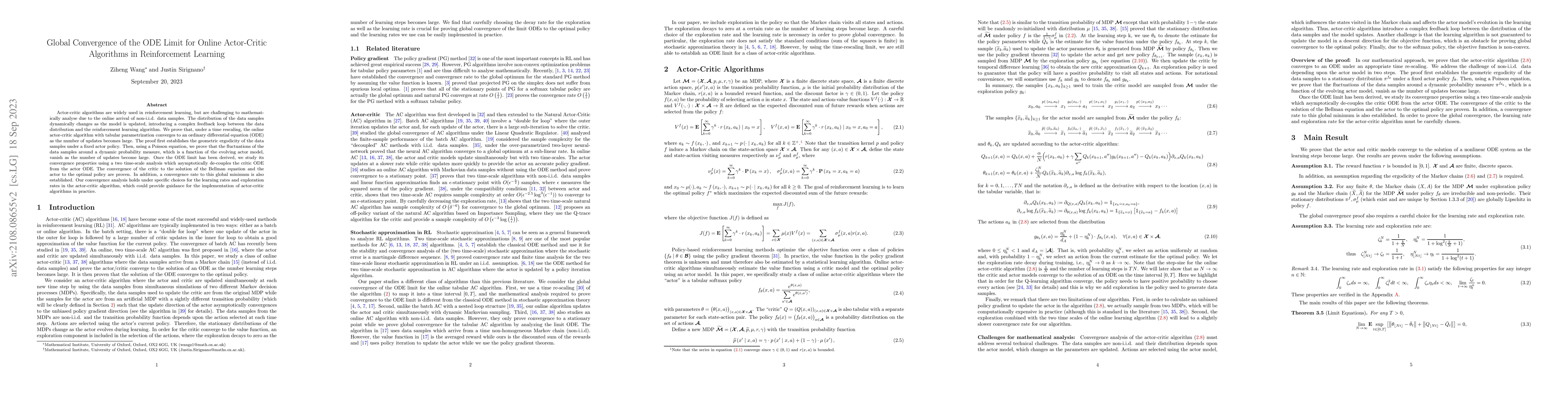Thumbnail for Global Convergence of the ODE Limit for Online Actor-Critic Algorithms
  in Reinforcement Learning