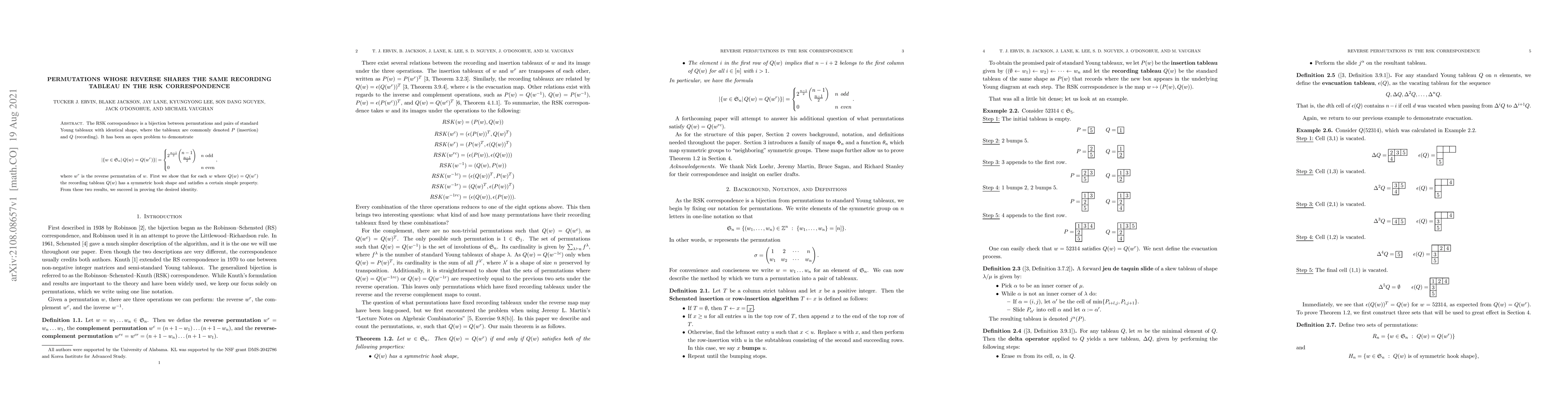 Thumbnail for Permutations whose reverse shares the same recording tableau in the RSK
  correspondence