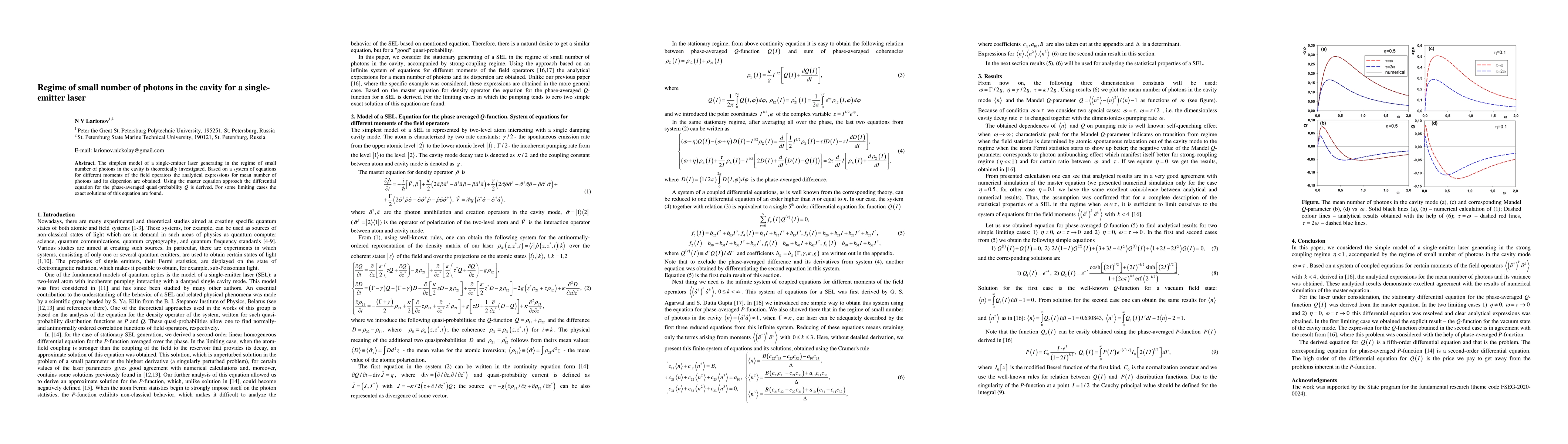 Thumbnail for Regime of small number of photons in the cavity for a single-emitter
  laser