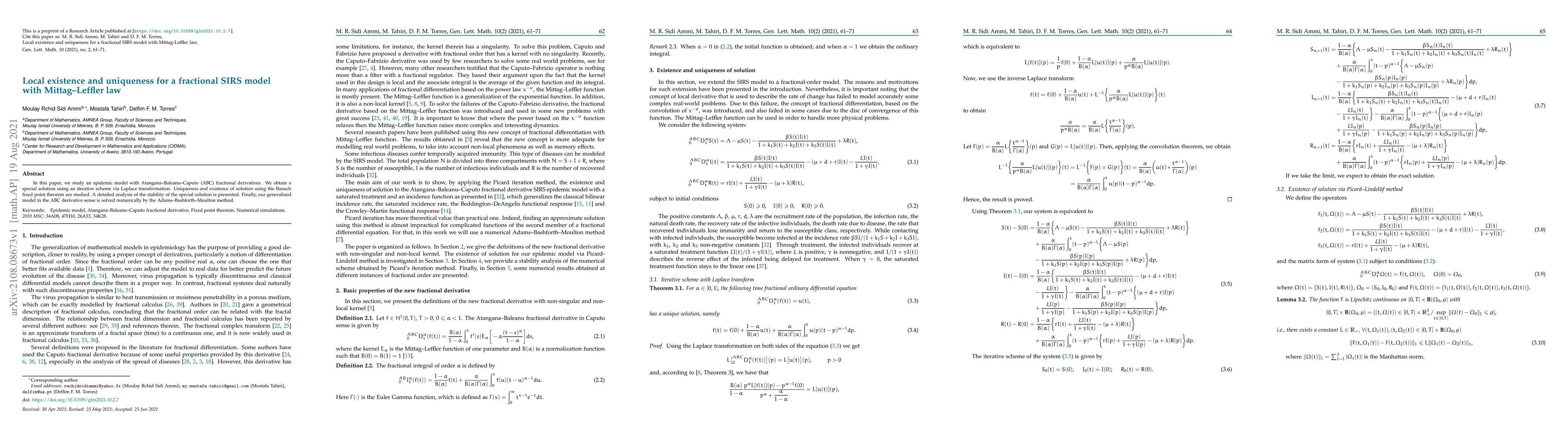 Thumbnail for Local existence and uniqueness for a fractional SIRS model with
  Mittag-Leffler law