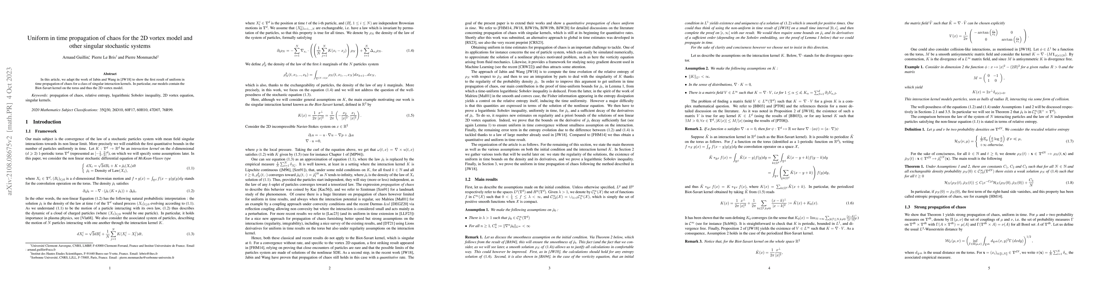 Thumbnail for Uniform in time propagation of chaos for the 2D vortex model and other
  singular stochastic systems