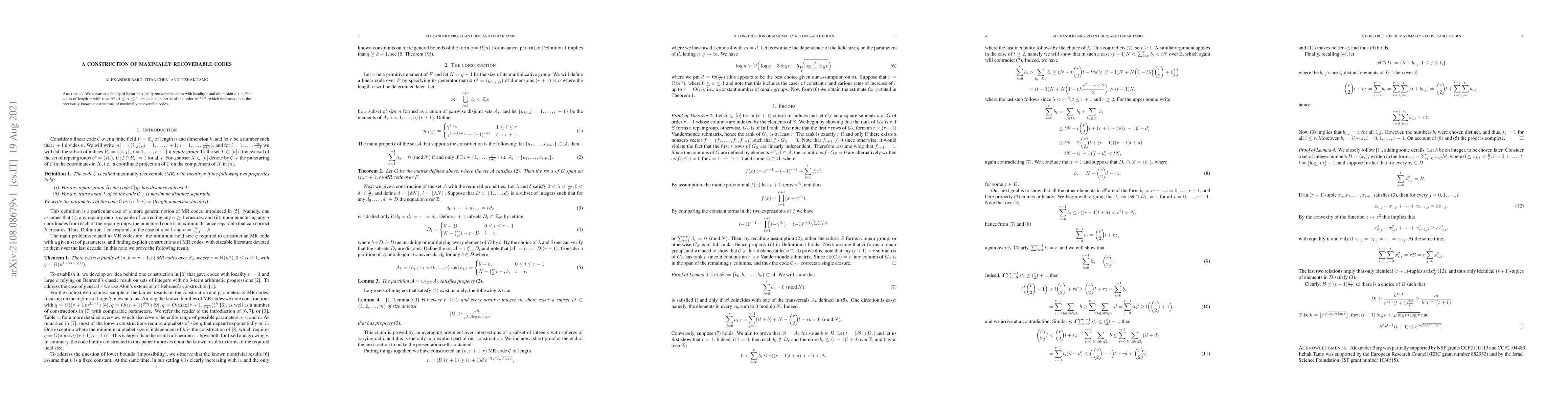 Thumbnail for A construction of maximally recoverable codes
