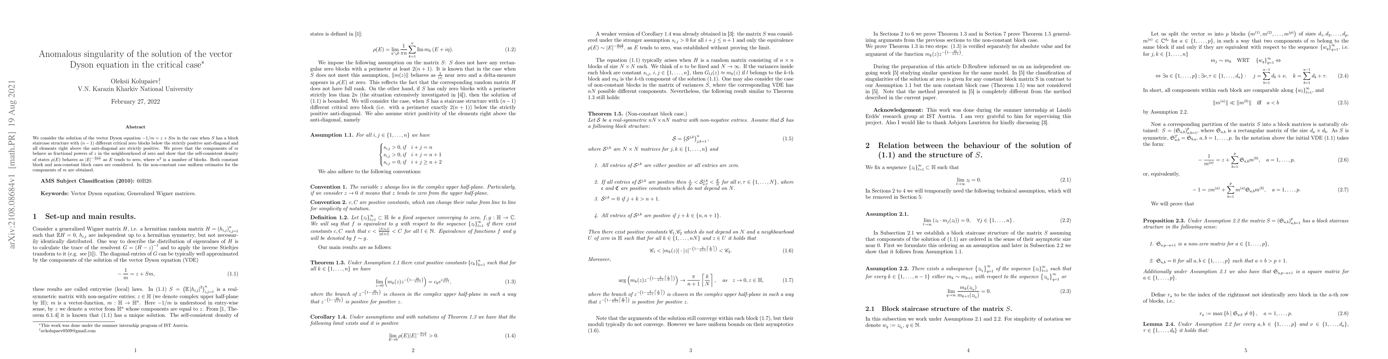 Thumbnail for Anomalous singularity of the solution of the vector Dyson equation in
  the critical case