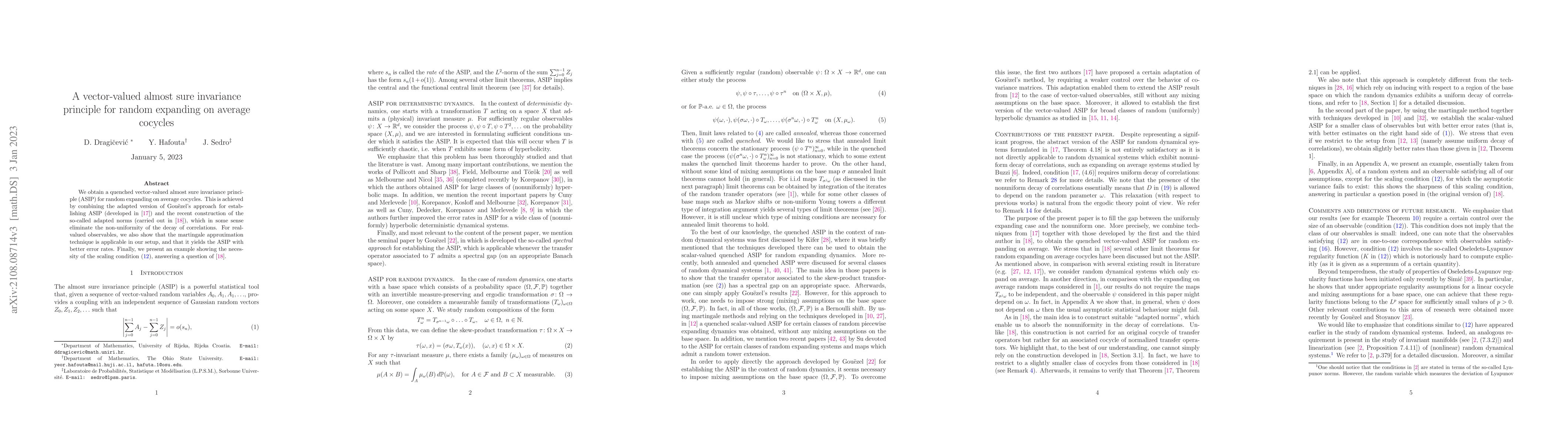 Thumbnail for A vector-valued almost sure invariance principle for random expanding on
  average cocycles