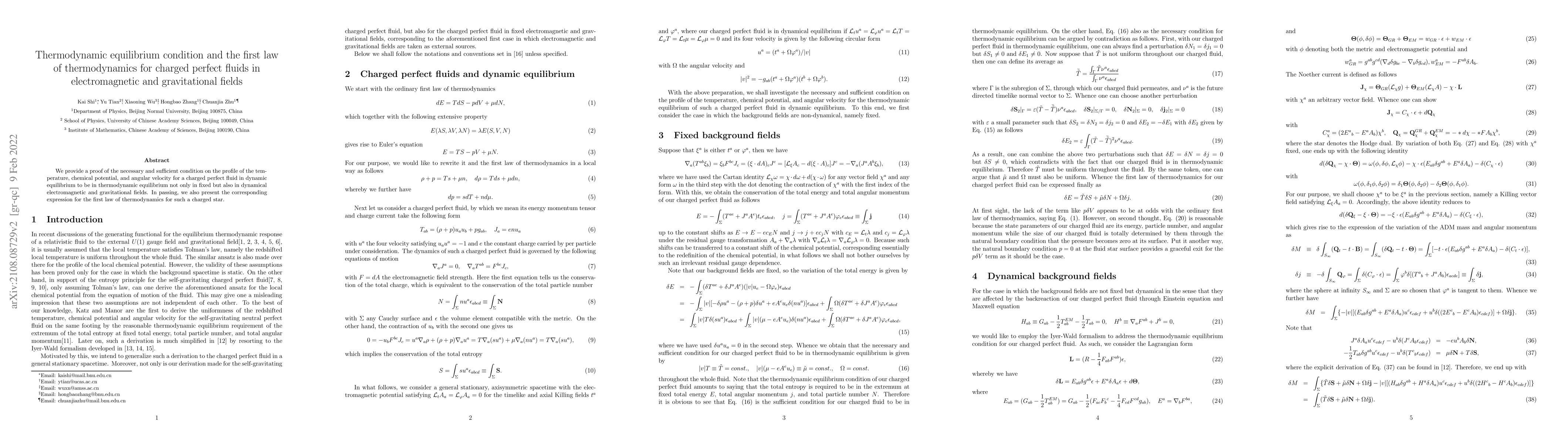 Thumbnail for Thermodynamic equilibrium condition and the first law of thermodynamics
  for charged perfect fluids in electromagnetic and gravitational fields