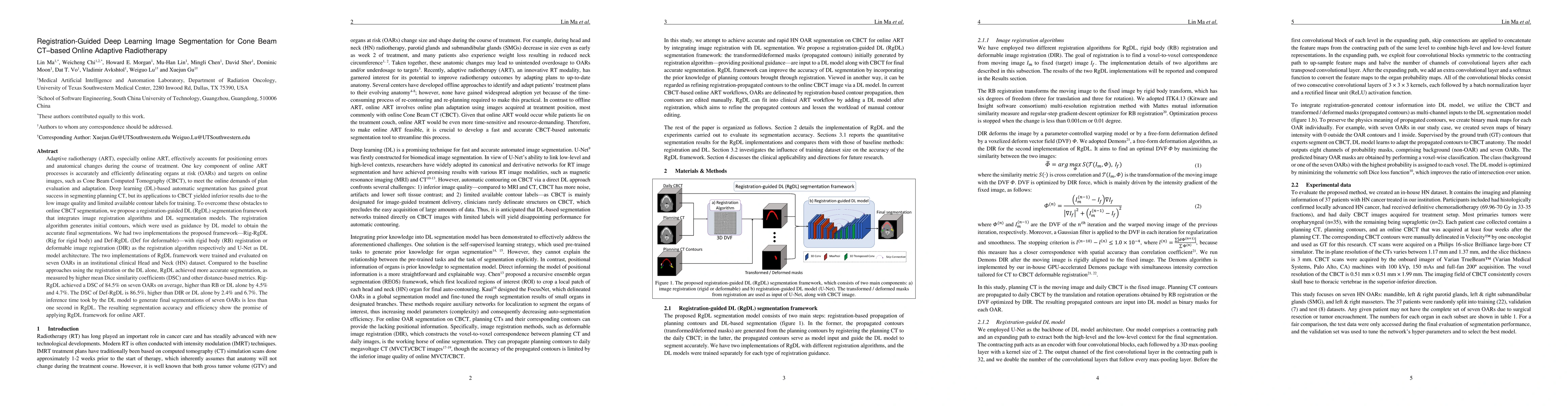 Thumbnail for Registration-Guided Deep Learning Image Segmentation for Cone Beam
  CT-based Online Adaptive Radiotherapy