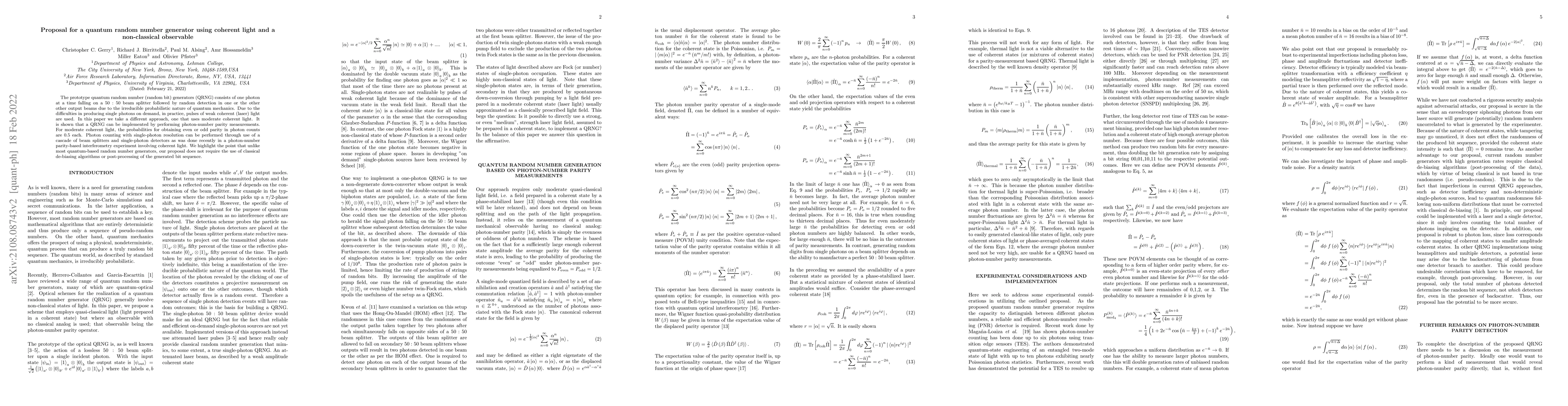 Thumbnail for Proposal for a quantum random number generator using coherent light an a
  non-classical observable