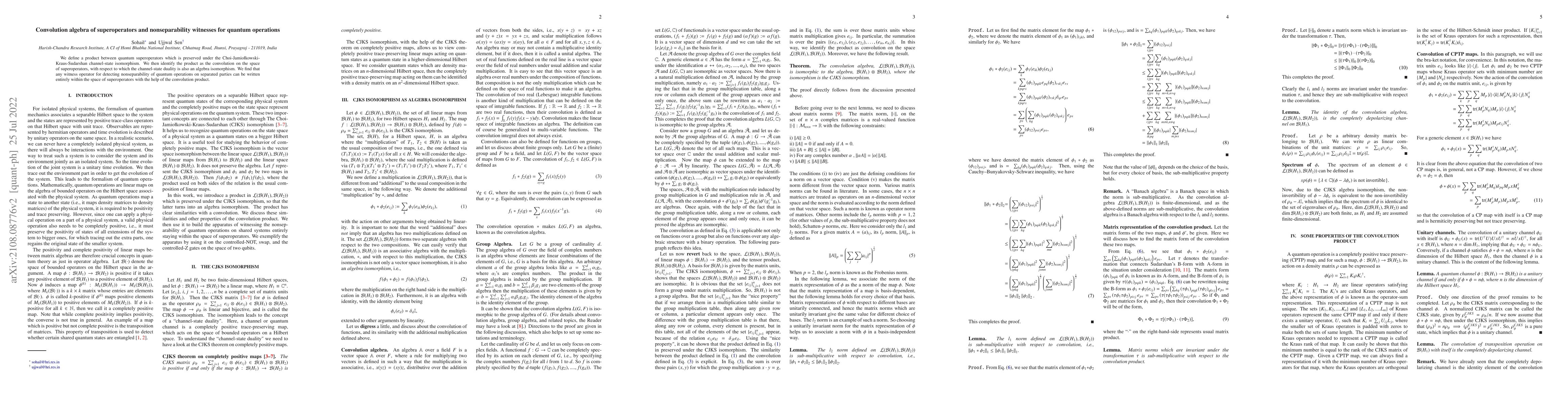 Thumbnail for Convolution algebra of superoperators and nonseparability witnesses for
  quantum operations