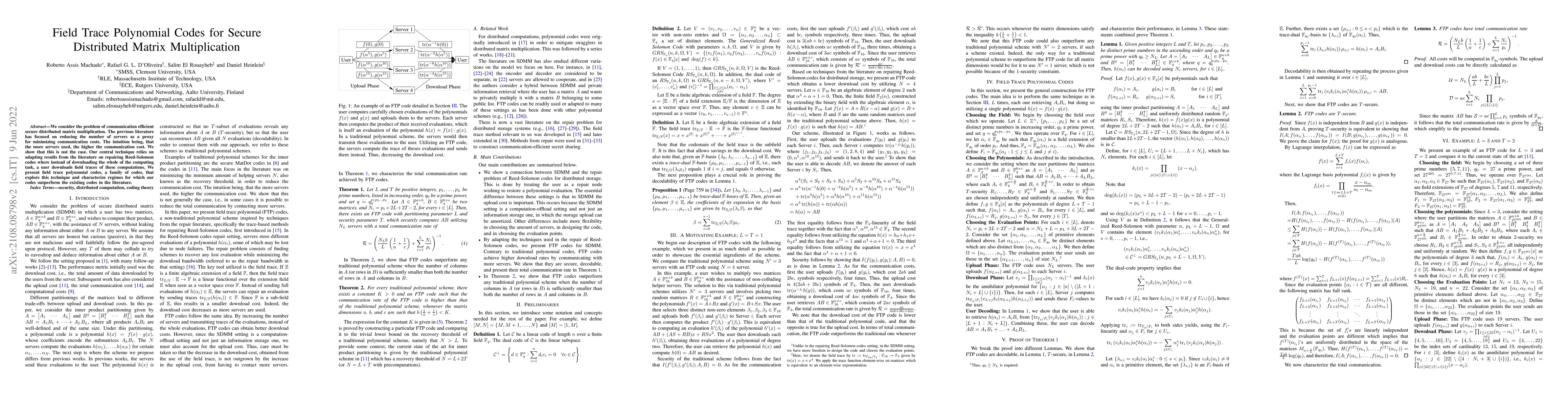 Thumbnail for Field Trace Polynomial Codes for Secure Distributed Matrix
  Multiplication