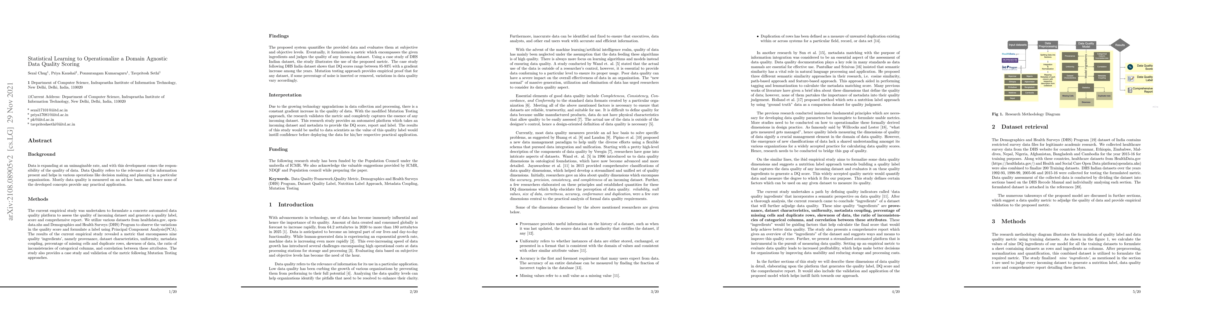 Thumbnail for Statistical Learning to Operationalize a Domain Agnostic Data Quality
  Scoring