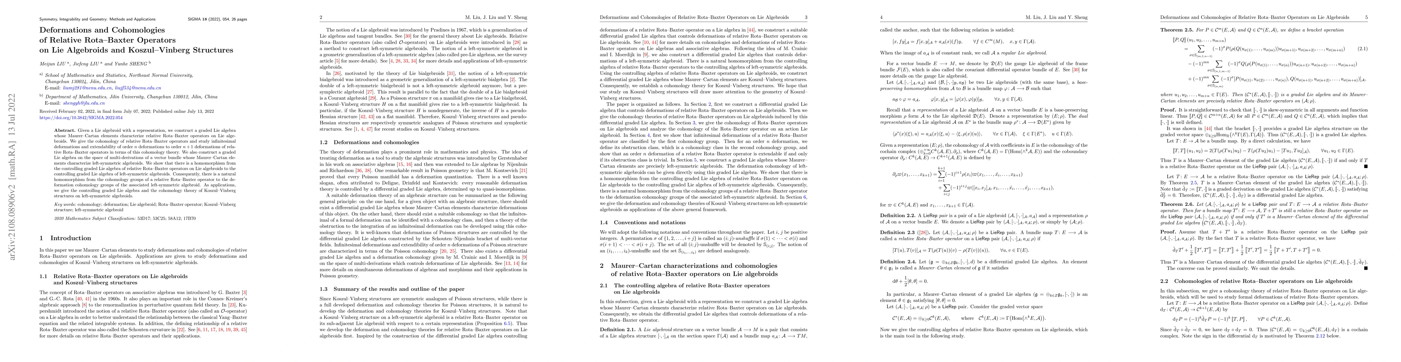Thumbnail for Deformations and Cohomologies of Relative Rota-Baxter Operators on Lie
  Algebroids and Koszul-Vinberg Structures