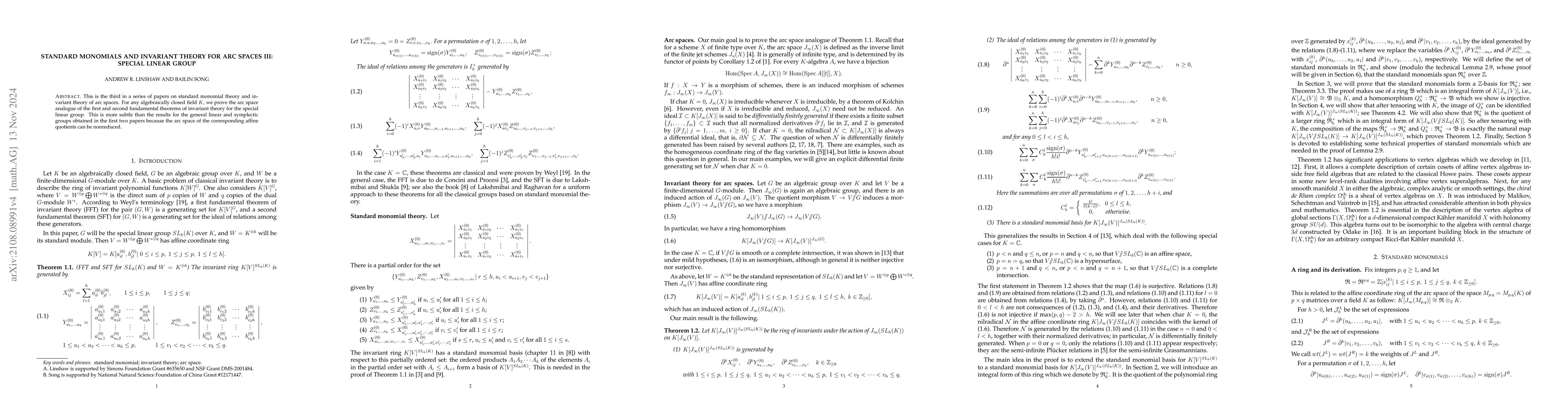 Thumbnail for Standard monomials and invariant theory for arc spaces III: special
  linear group