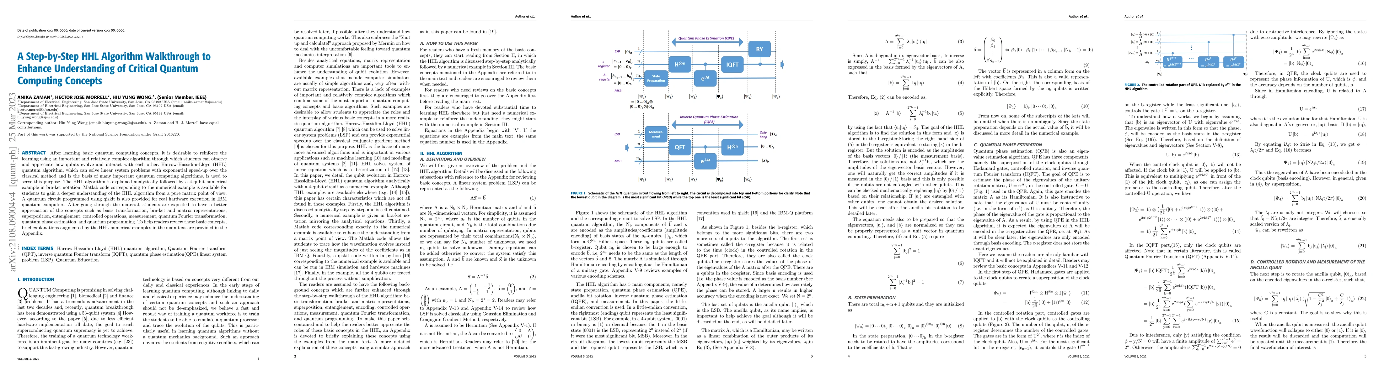 Thumbnail for Step-by-Step HHL Algorithm Walkthrough to Enhance the Understanding of
  Critical Quantum Computing Concepts