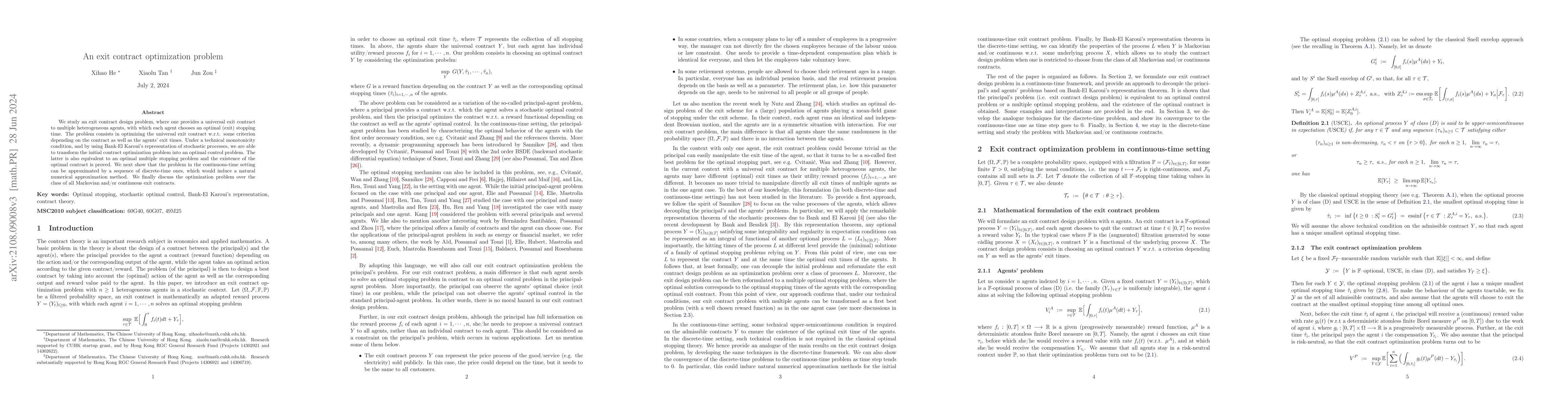 Thumbnail for An exit contract optimization problem