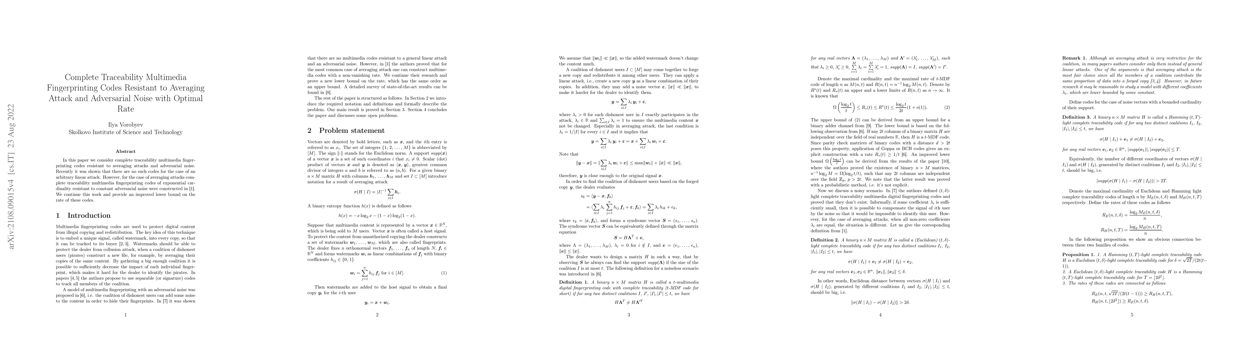 Thumbnail for Complete Traceability Multimedia Fingerprinting Codes Resistant to
  Averaging Attack and Adversarial Noise with Optimal Rate