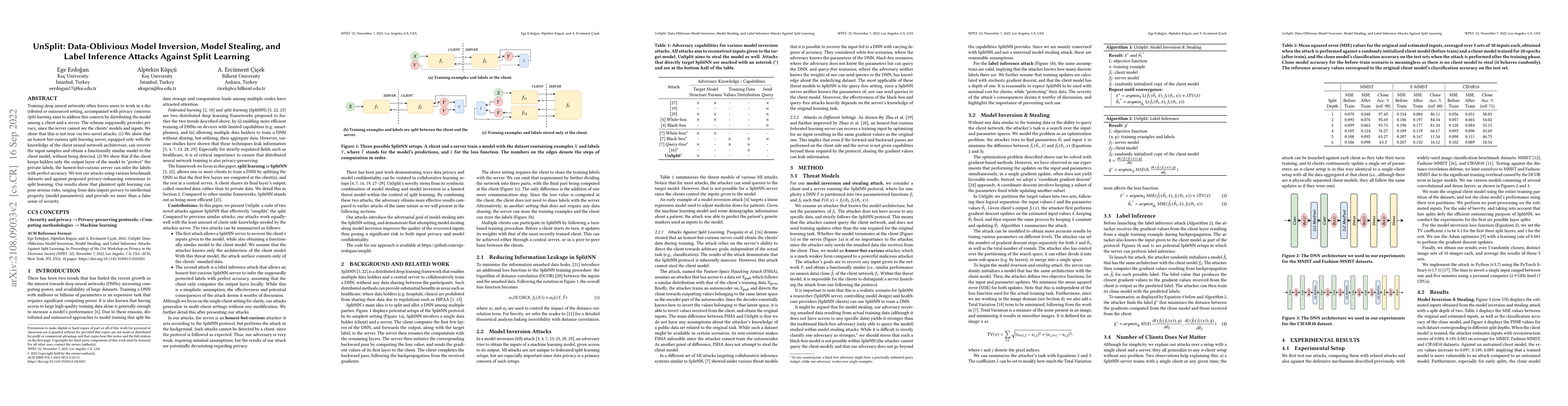 Thumbnail for UnSplit: Data-Oblivious Model Inversion, Model Stealing, and Label
  Inference Attacks Against Split Learning