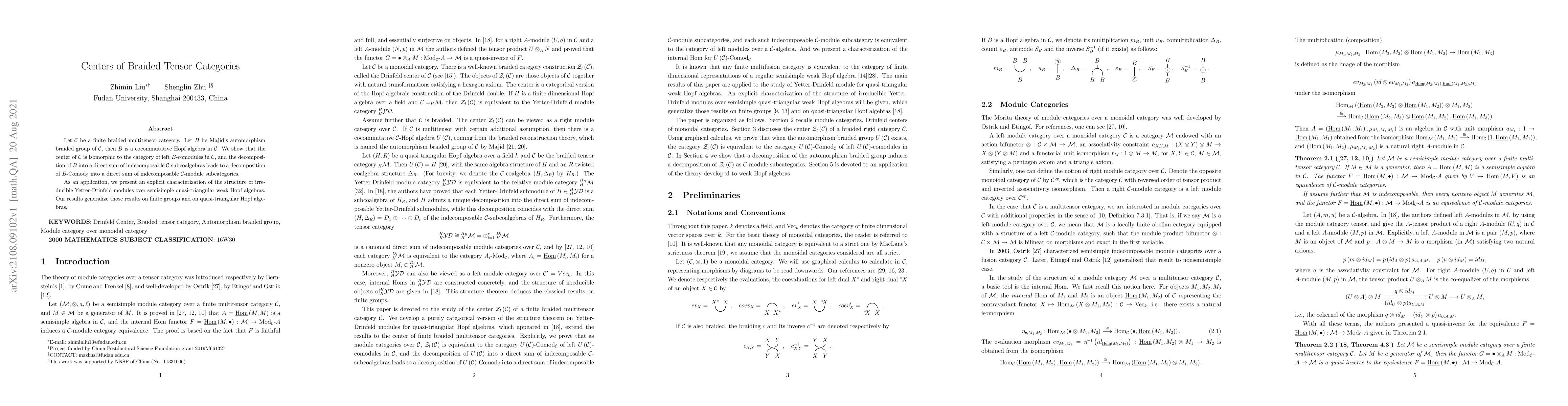 Thumbnail for Centers of Braided Tensor Categories