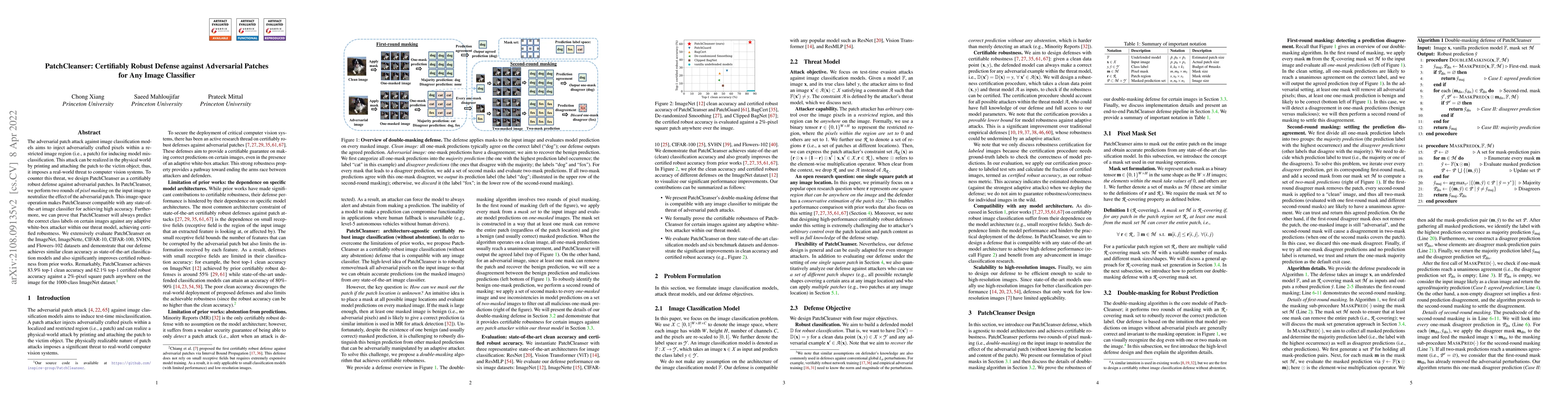 Thumbnail for PatchCleanser: Certifiably Robust Defense against Adversarial Patches
  for Any Image Classifier