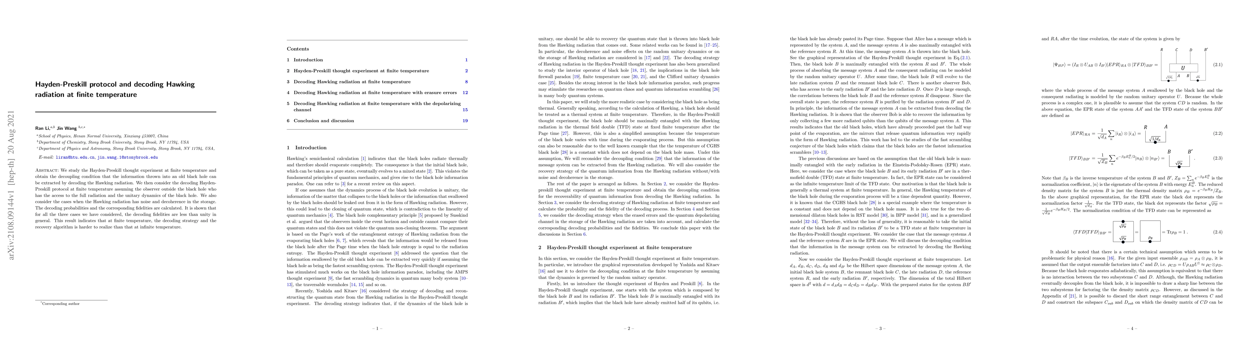 Thumbnail for Hayden-Preskill protocol and decoding Hawking radiation at finite
  temperature
