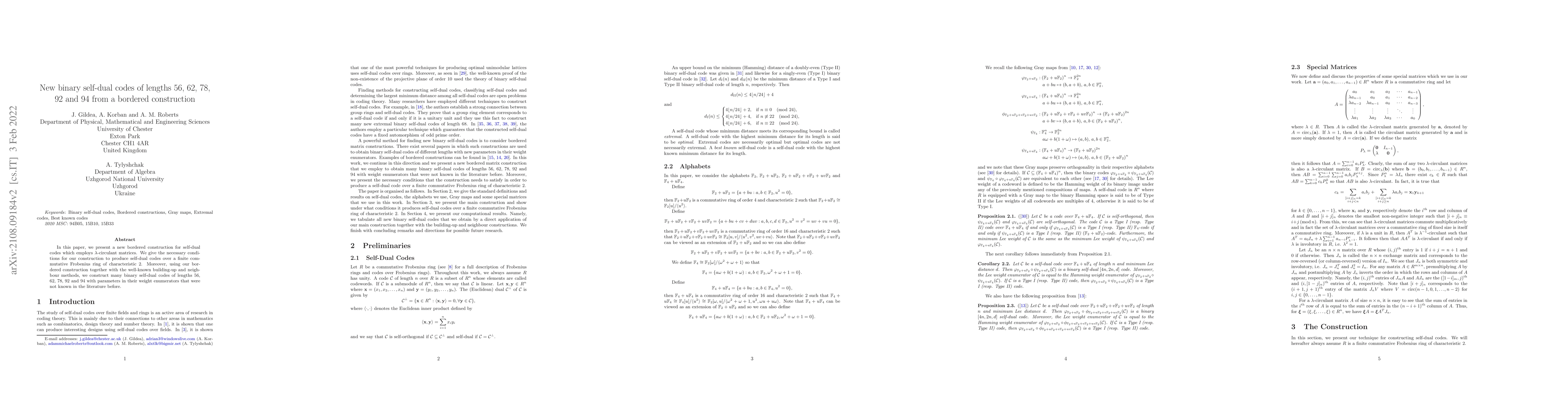 Thumbnail for New binary self-dual codes of lengths 56, 62, 78, 92 and 94 from a
  bordered construction