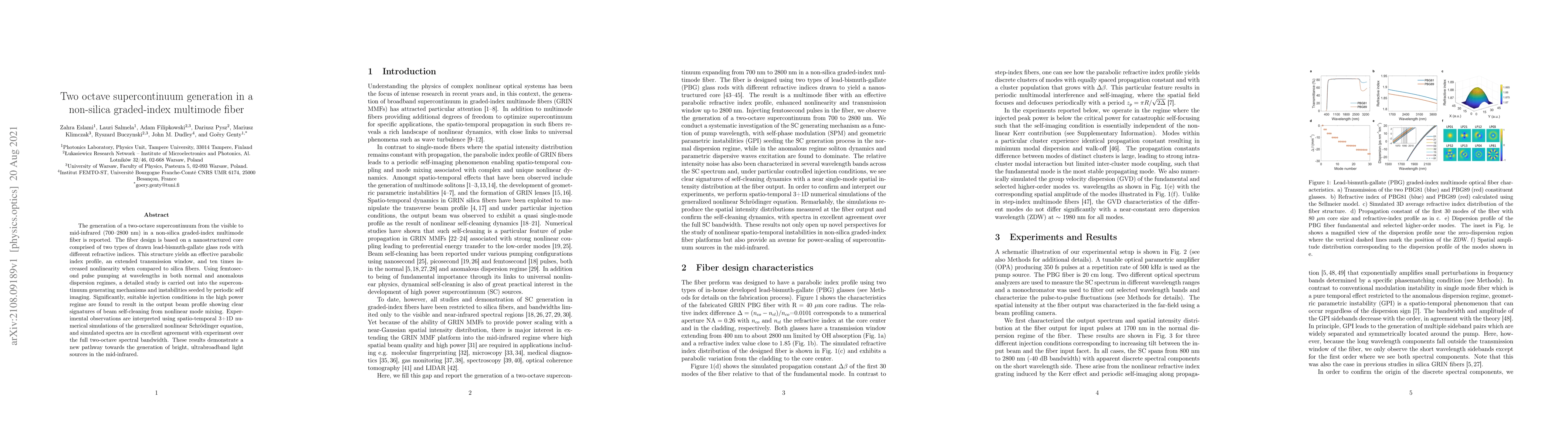 Thumbnail for Two octave supercontinuum generation in a non-silica graded-index
  multimode fiber