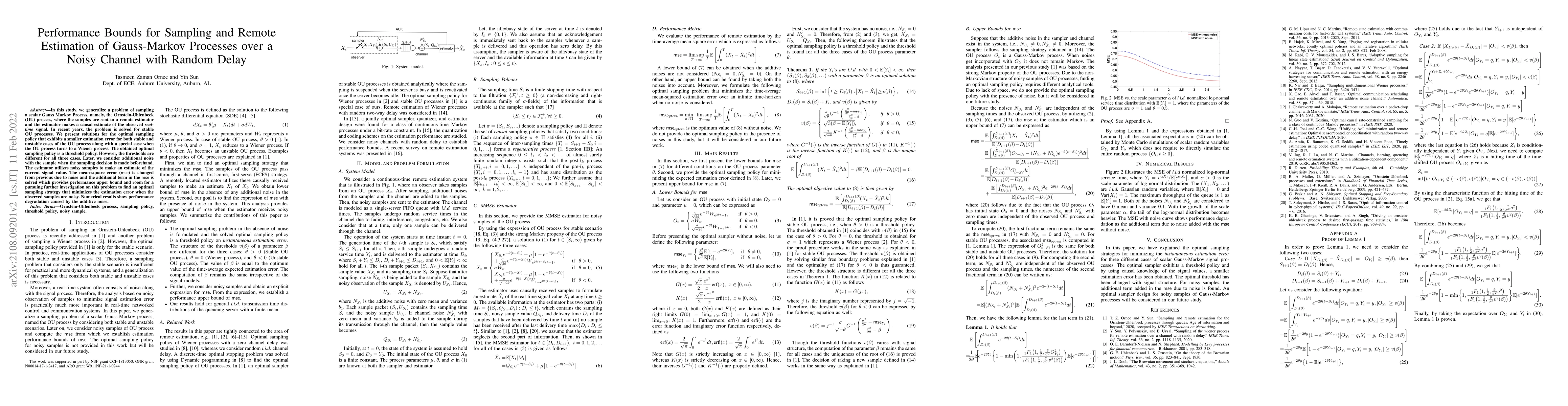 Thumbnail for Performance Bounds for Sampling and Remote Estimation of Gauss-Markov
  Processes over a Noisy Channel with Random Delay