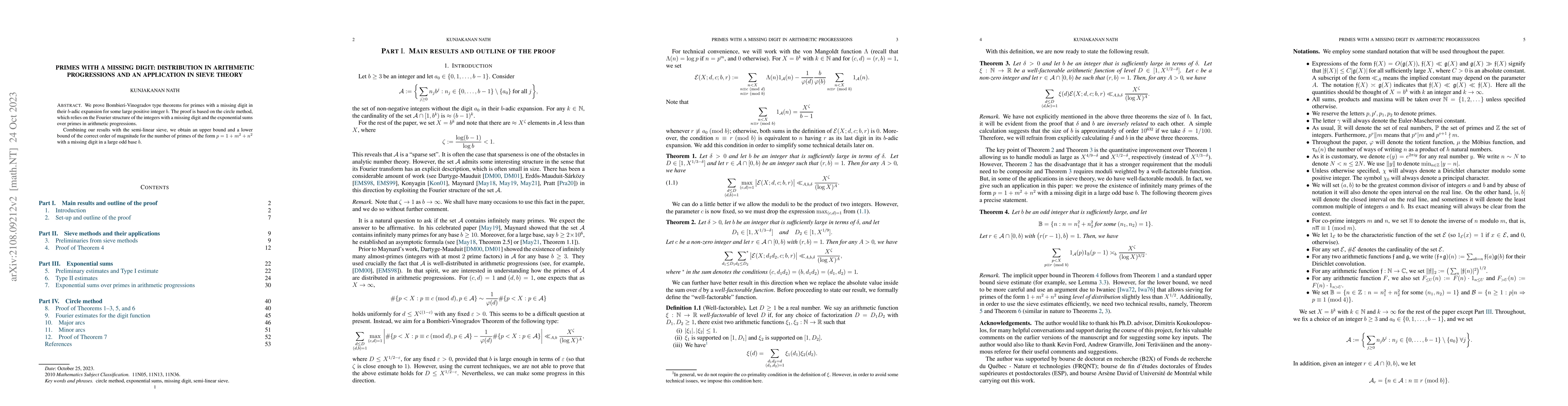 Thumbnail for Primes with a missing digit: distribution in arithmetic progressions and
  an application in sieve theory