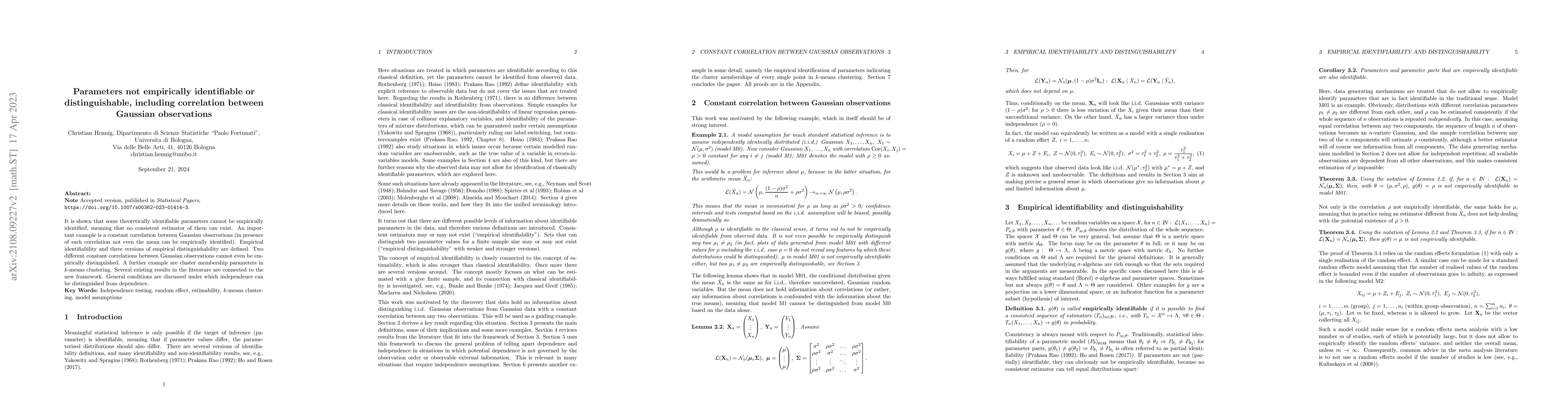 Thumbnail for Parameters not empirically identifiable or distinguishable, including
  correlation between Gaussian observations