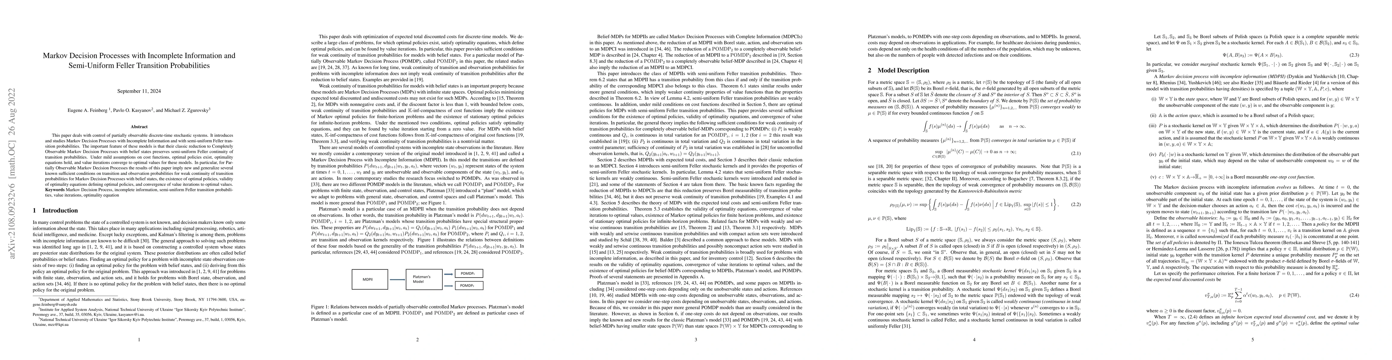 Thumbnail for Markov Decision Processes with Incomplete Information and Semi-Uniform
  Feller Transition Probabilities