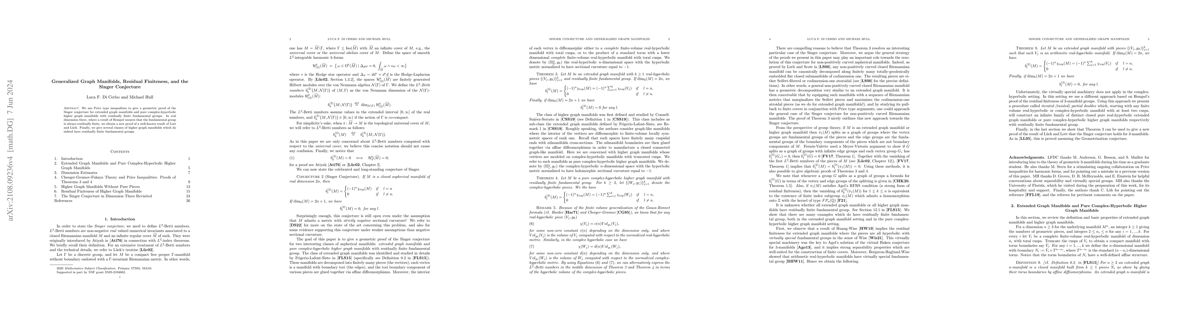 Thumbnail for Generalized Graph Manifolds, Residual Finiteness, and the Singer
  Conjecture