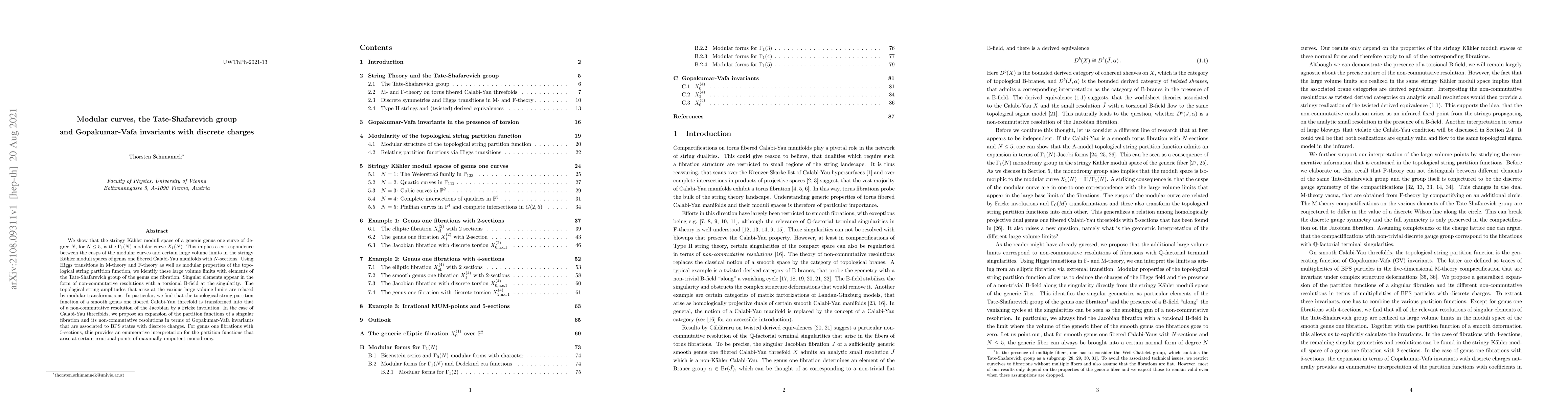 Thumbnail for Modular curves, the Tate-Shafarevich group and Gopakumar-Vafa invariants
  with discrete charges