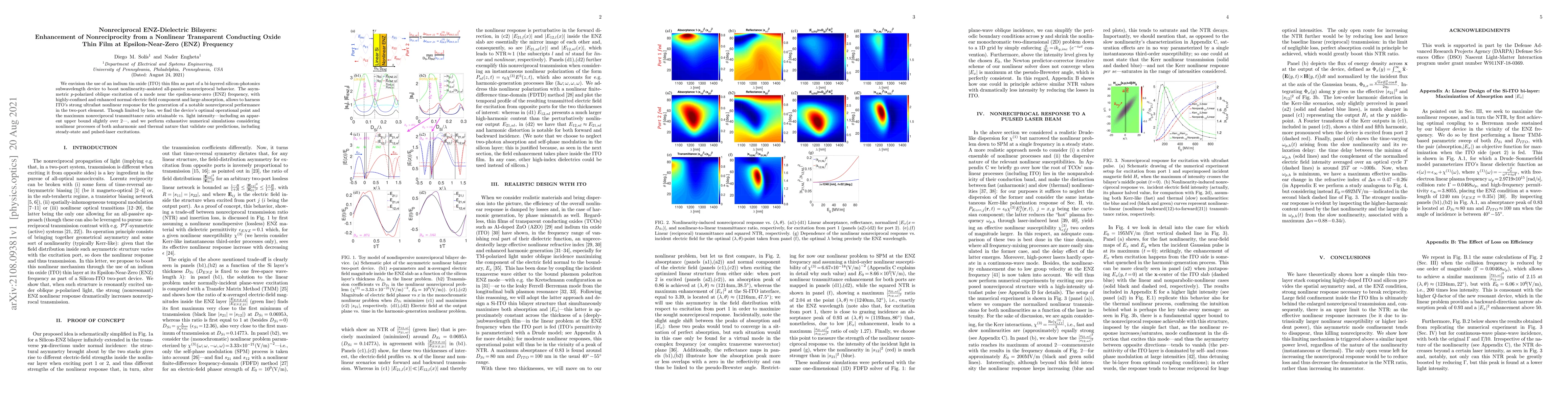Thumbnail for Nonreciprocal ENZ-Dielectric Bilayers: Enhancement of Nonreciprocity
  from a Nonlinear Transparent Conducting Oxide Thin Film at Epsilon-Near-Zero
  (ENZ) Frequency