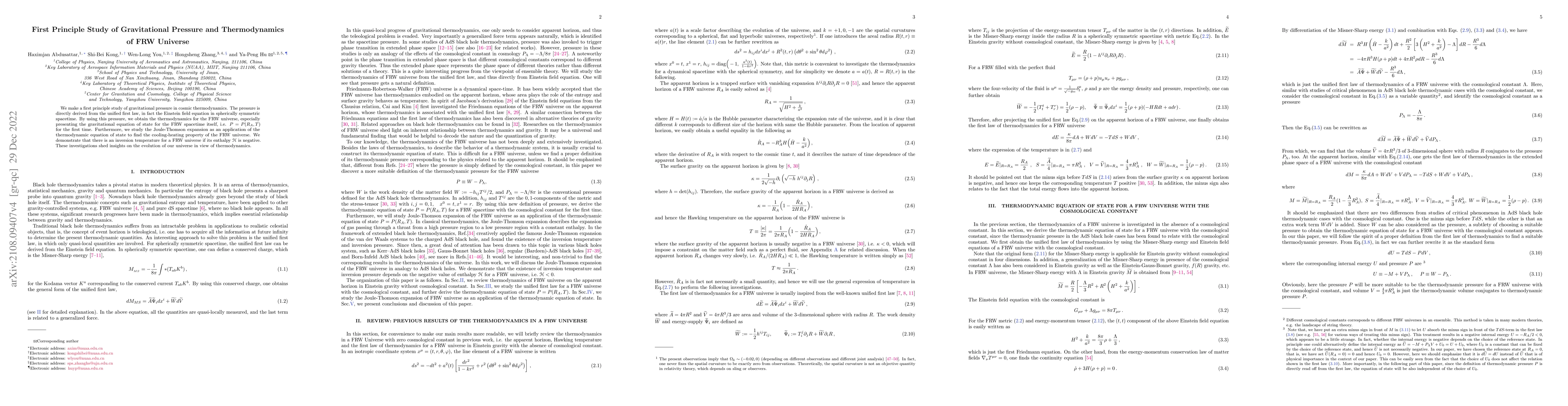 Thumbnail for First Principle Study of Gravitational Pressure and Thermodynamics of
  FRW Universe