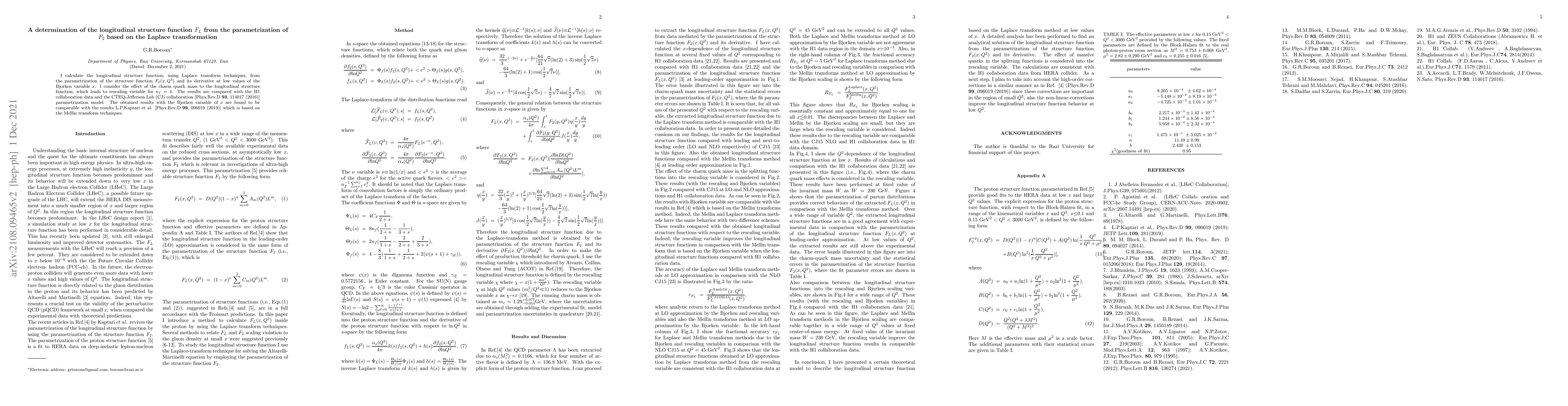 Thumbnail for A determination of the longitudinal structure function $F_{L}$ from the
  parametrization of $F_{2}$ based on the Laplace transformation
