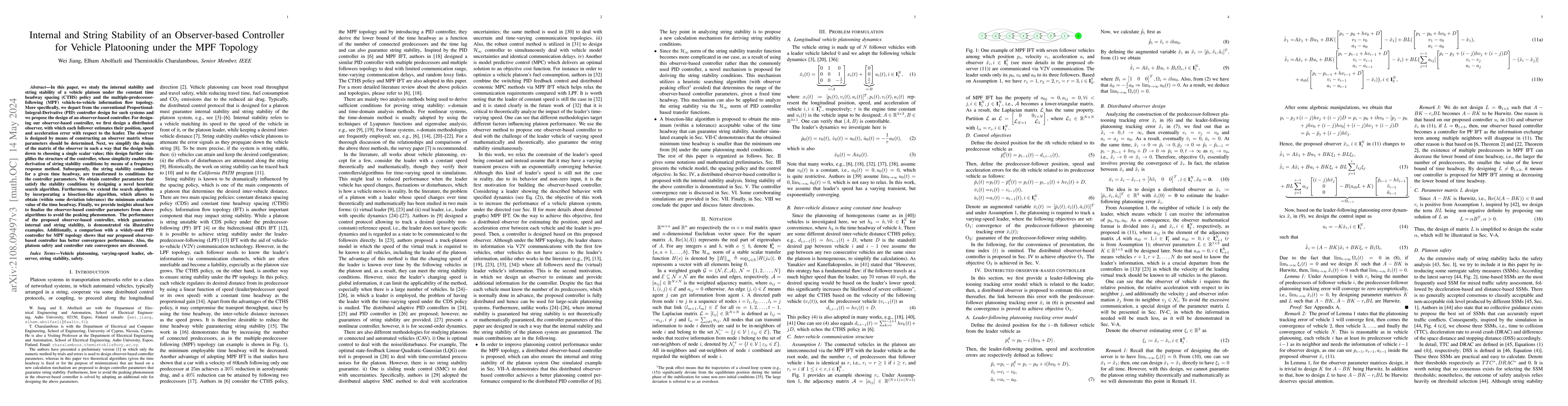 Thumbnail for Internal and String Stability of an Observer-based Controller for
  Vehicle Platooning under the MPF Topology