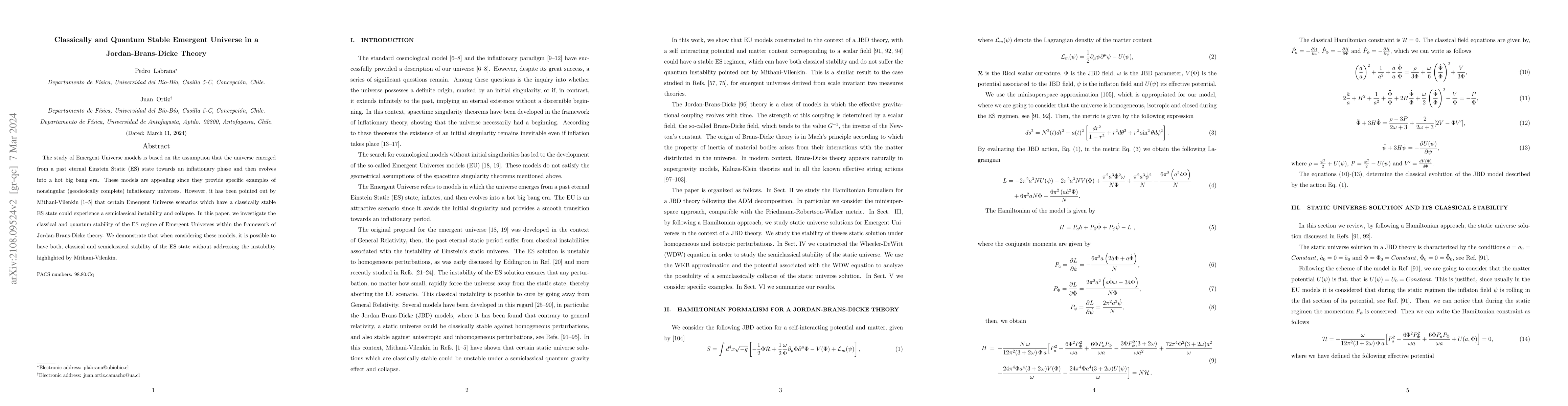 Thumbnail for Classically and Quantum Stable Emergent Universe in a Jordan-Brans-Dicke
  Theory