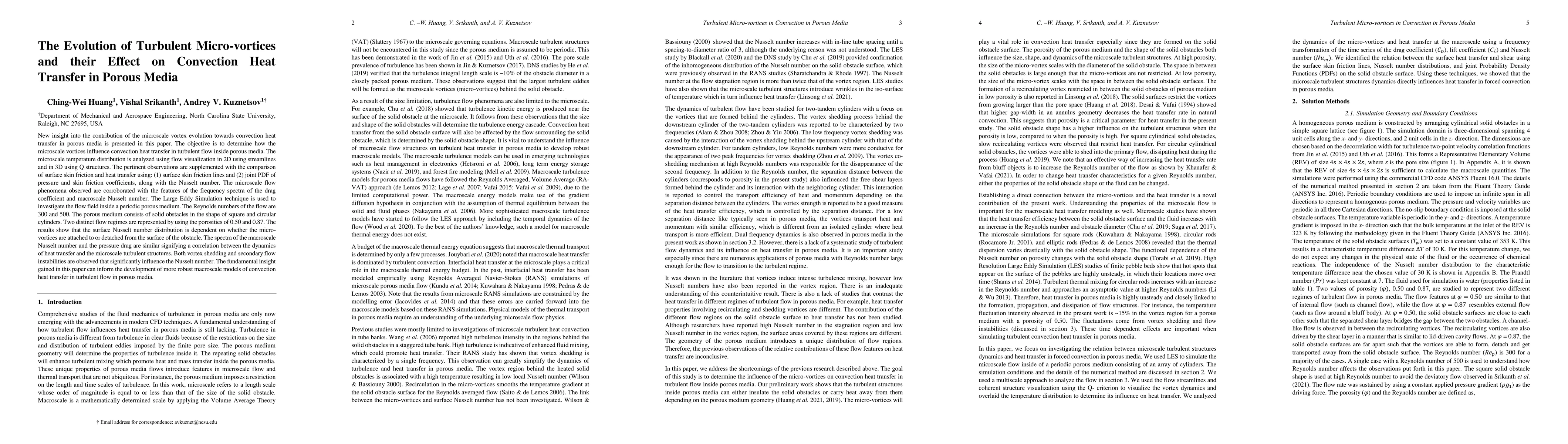 Thumbnail for The Evolution of Turbulent Micro-vortices and their Effect on Convection
  Heat Transfer in Porous Media