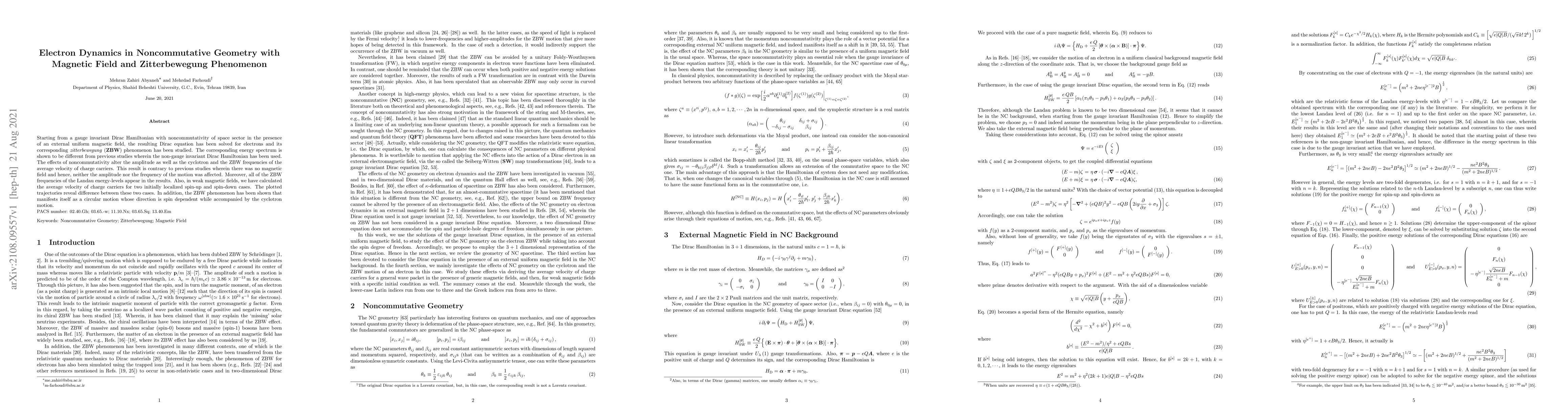 Thumbnail for Electron dynamics in noncommutative geometry with magnetic field and
  Zitterbewegung phenomenon