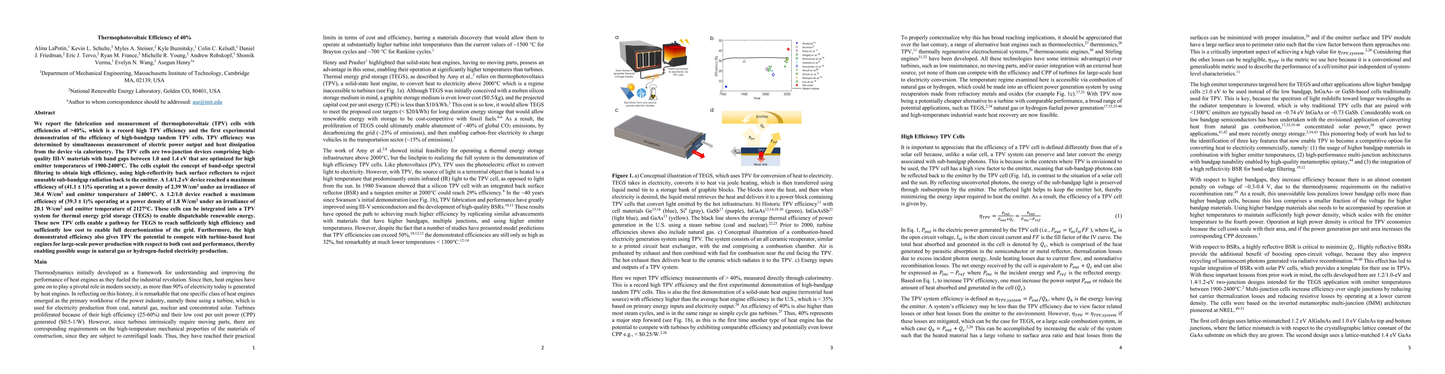Thumbnail for Thermophotovoltaic Efficiency of 40%