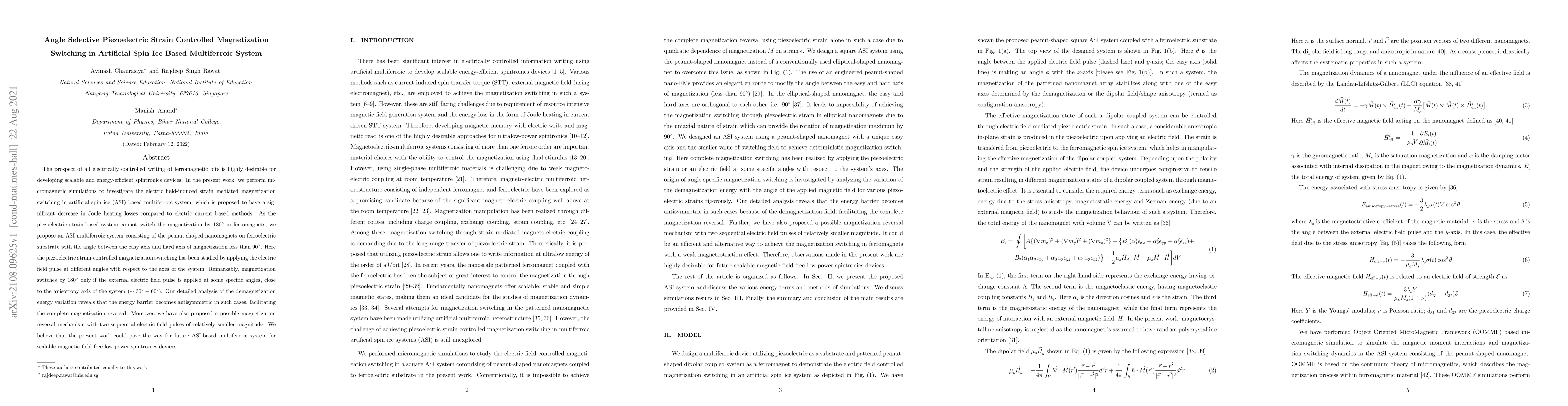 Thumbnail for Angle Selective Piezoelectric Strain Controlled Magnetization Switching
  in Artificial Spin Ice Based Multiferroic System