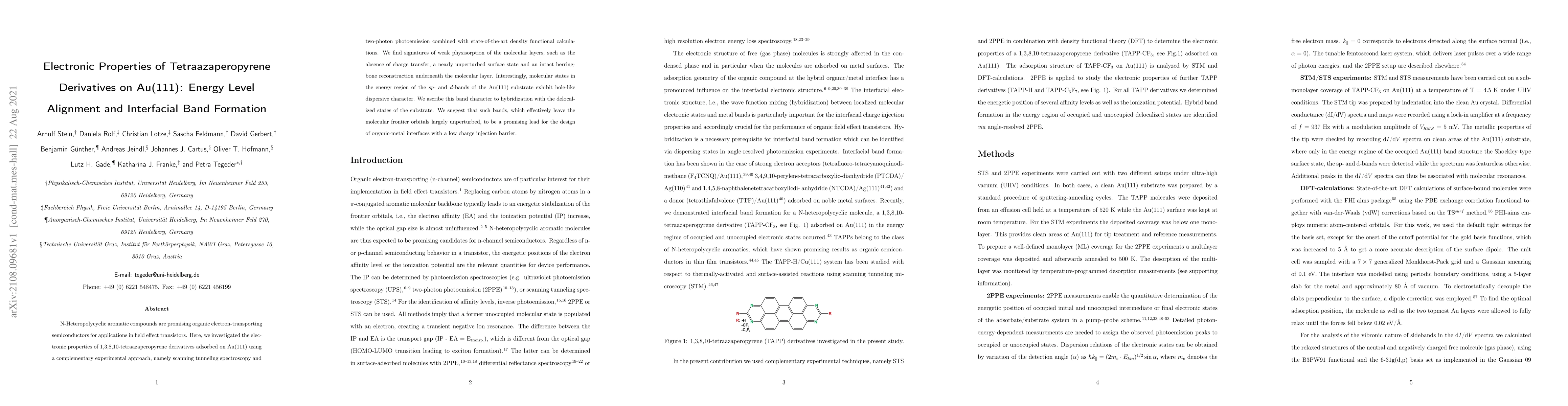 Thumbnail for Electronic Properties of Tetraazaperopyrene Derivatives on Au(111):
  Energy Level Alignment and Interfacial Band Formation