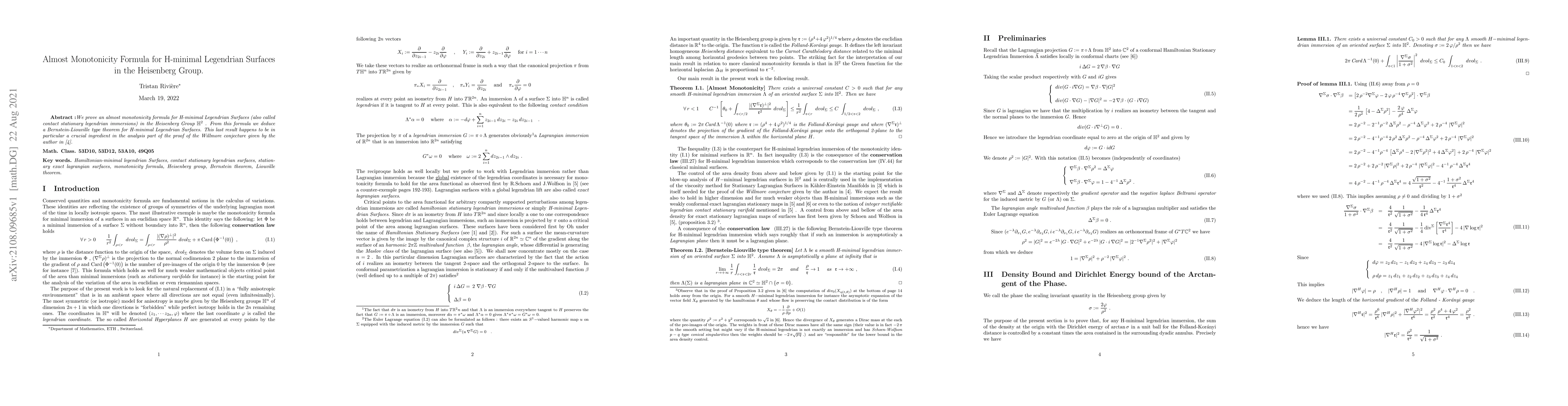 Thumbnail for Almost Monotonicity Formula for H-minimal Legendrian Surfaces in the
  Heisenberg Group